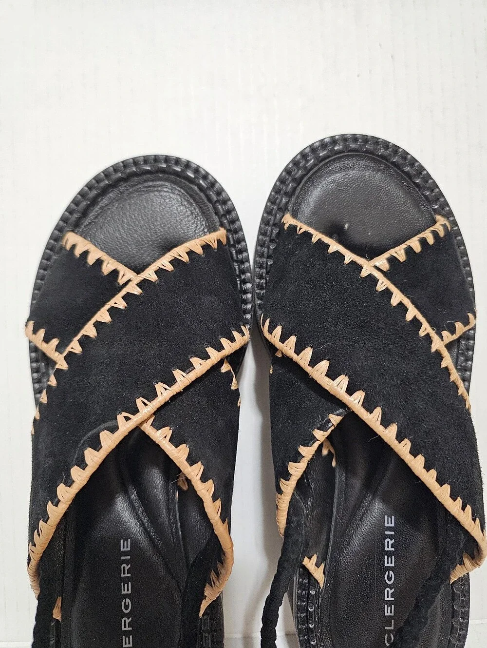 Clergerie Paris Freedom Black Suede Platform Slingback Sandals Whipstitch Sz 37